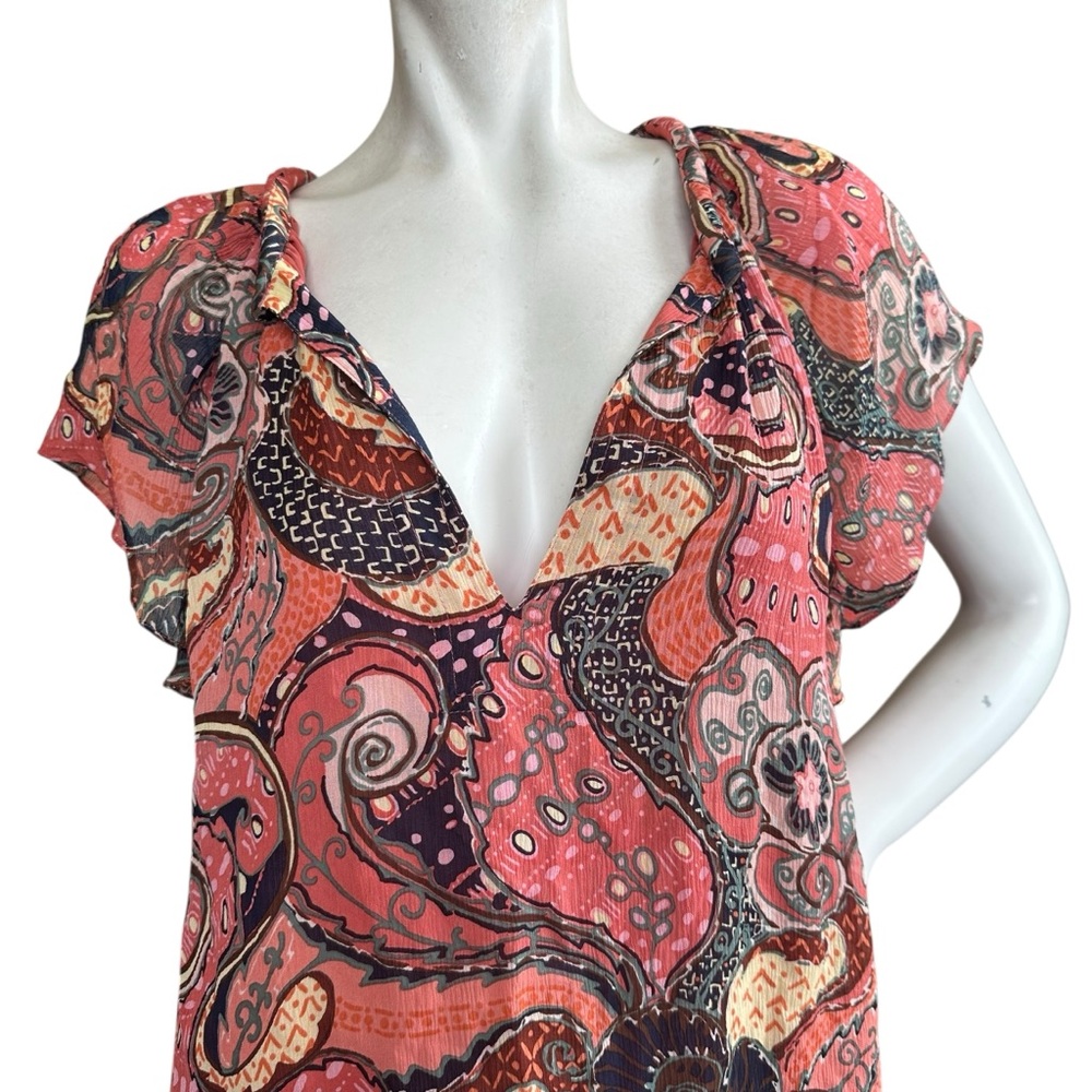 A.L.C. “June” Orange & Pink Paisley Floral 100% Silk Short Flutter Sleeve Top 10 - Picture 3 of 10